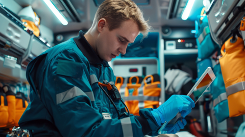 Paramedic looking at a tablet in an ambulance.