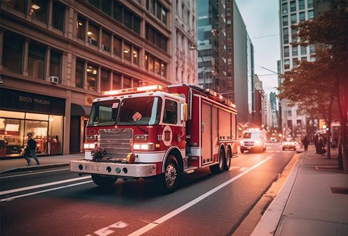 Fire truck driving through the city in the evening.